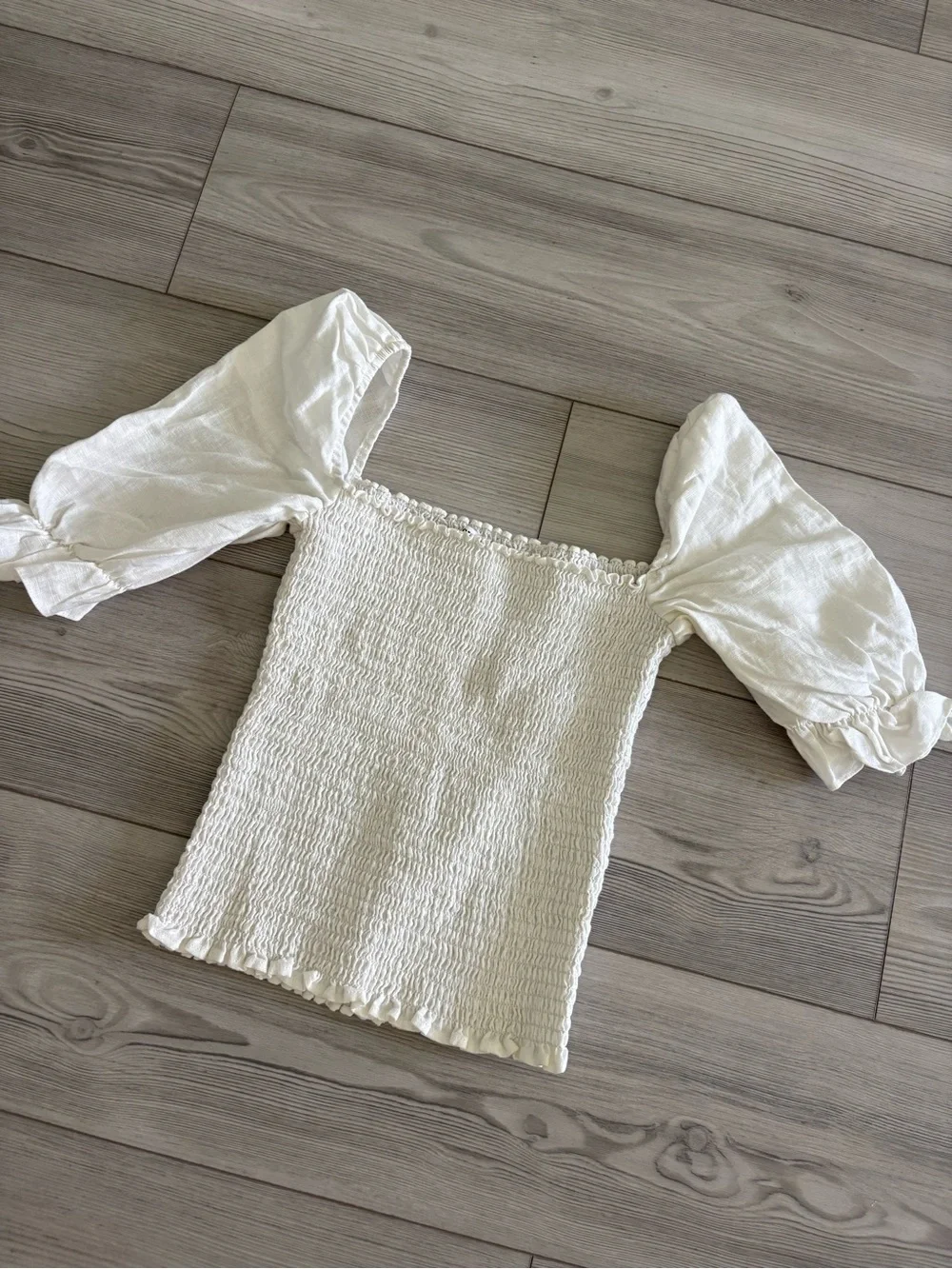 Reformation White Smocked Puff-Sleeve Women’s Top